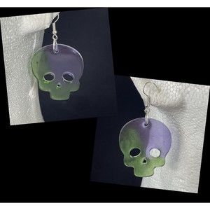 Resin Halloween Skull Earrings Green & Purple Hand Crafted Glow in the Dark